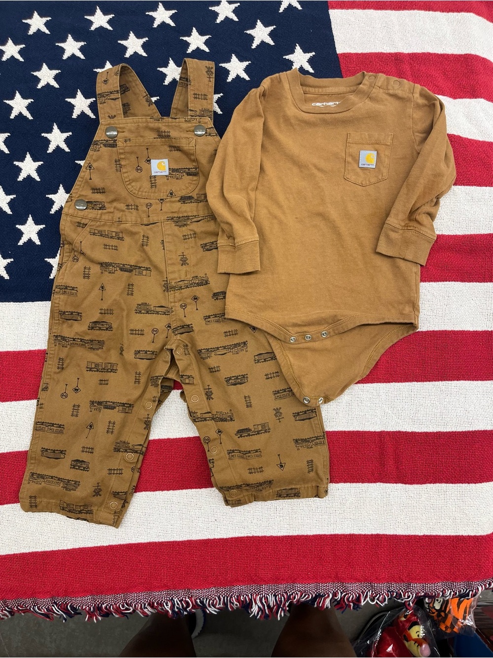 Carhartt Brown Toddler Overalls with Long-Sleeve Bodysuit Size 18 Months